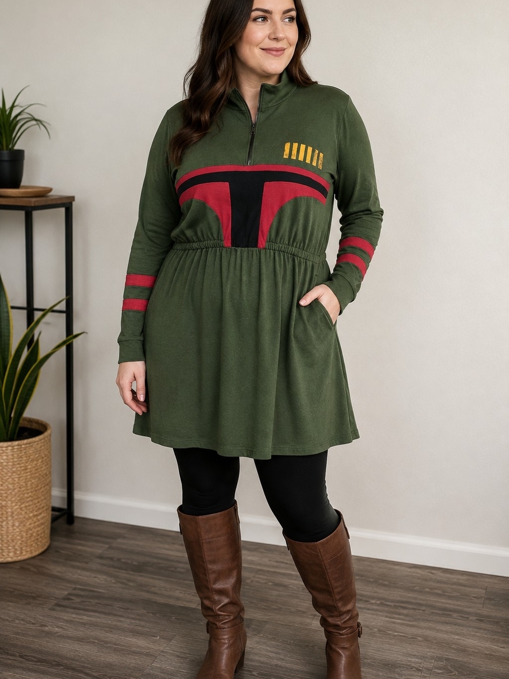 Her Universe Olive Green Long-Sleeve Tunic Dress with Red and Yellow Accents